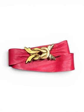 Vintage Pink Leather Wrap Belt with Gold Twist Buckle